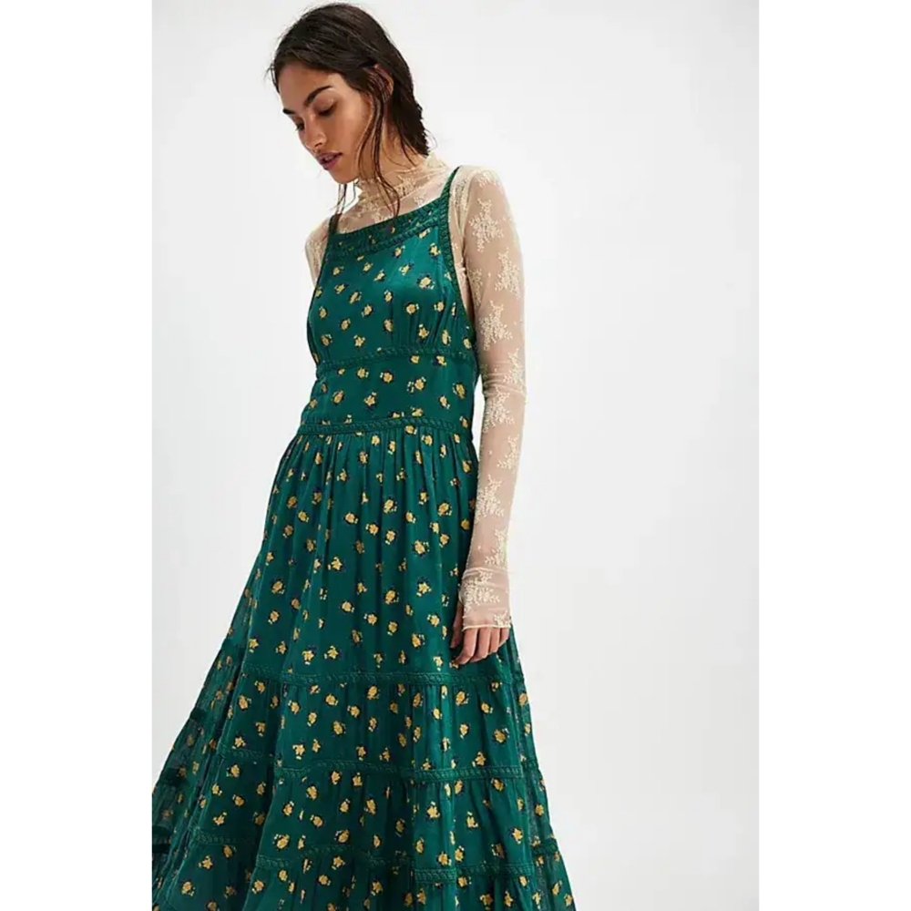 Free People Daydreamer‎ Midi Dress Emerald Combo Green NWT